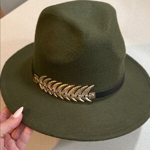 Olive Green Fedora with Gold Leaf Accent